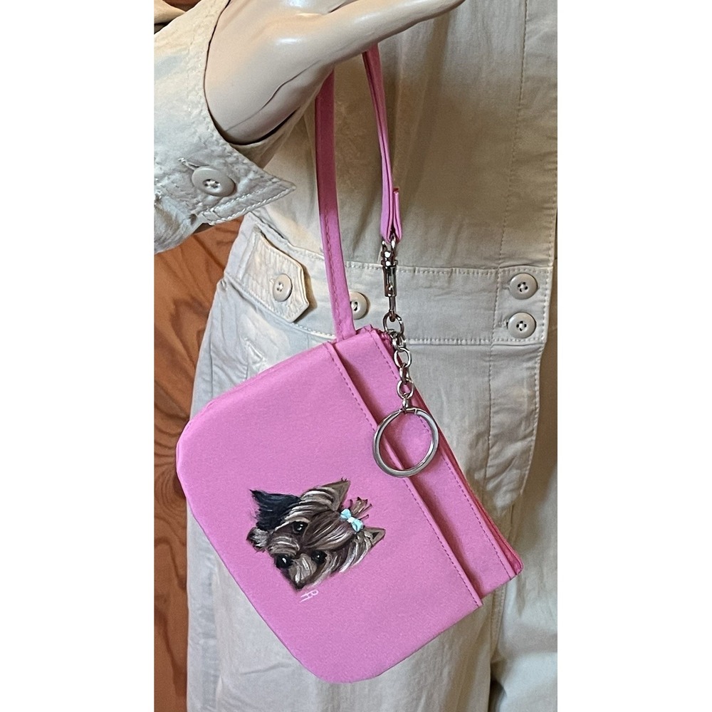 Pink Hand Painted Yorkie Wristlet Bag & Buxton Card Holder Dog Art ID‎ Wallet